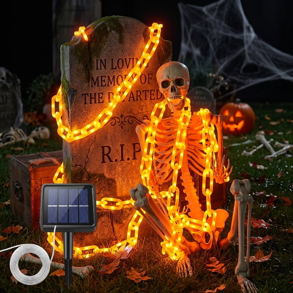 Yinghao 10FT Solar Powered Halloween Plastic Chain String Light Decoration 160 Bright Orange LED, Spooky Outdoor Decor for Skeleton Dog, Yard Skeleton