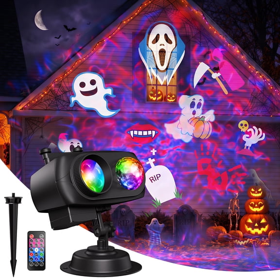 Yinghao 2-in-1 Holiday Projector Light with 10 HD Slides for Halloween Decoration, 80 Patterns & 10 Water Ripple Effects for Garage Door, Wall Display