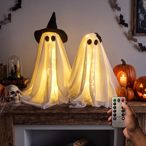 Yinghao 2 pack Halloween Decoration Desk Bow Ghost Light Kit with Remote, 21 in Small Floor Standing Cute Decor, 8 Lighting Modes, Adjustable Height