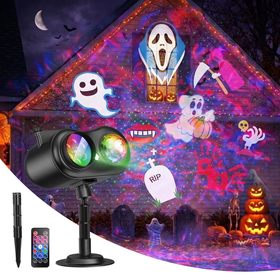 Yinghao 3-in-1 Halloween Projector Light with Firefly & Ocean Wave Effect, 10 HD Slides/80 Patterns, Holiday Projection for Garage Door, Wall Display
