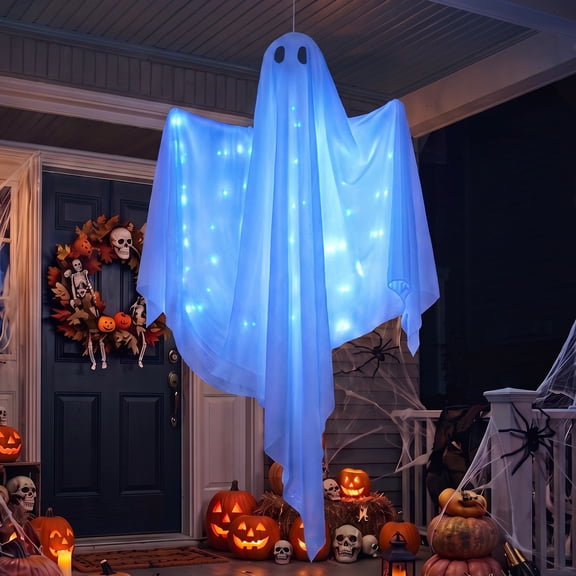 Yinghao 47In Battery Operated Halloween Hang Ghost Decoration Light, Blue LED Large Creepy Lighted for Outdoor Tree, Indoor Front Porch, 8 Modes