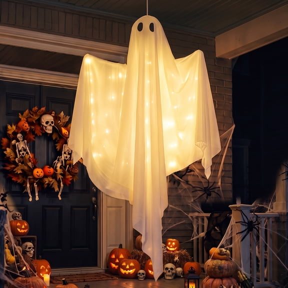 Yinghao 47In Battery Operated Halloween Hang Ghost Decoration Light, Warm White LED Large Creepy Lighted for Outdoor Tree, Indoor Front Porch, 8 Modes