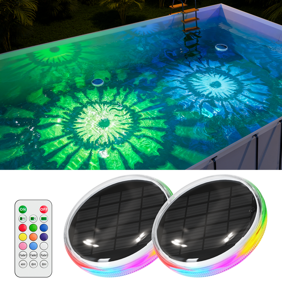Yinghao 2 Pack Solar Float Pool Lights with Control 3 Strobe Modes Waterproof Color Change LED Disco Party Ambient Lighting for Above Ground Pool, Yard Pond