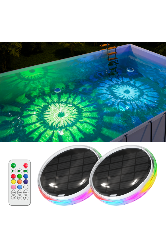 2 Pack Solar Float Pool Lights with Control 3 Strobe Modes Waterproof Color Change LED Disco Party Ambient Lighting for Above Ground Pool, Yard Pond