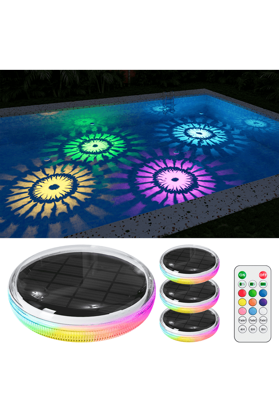 Yinghap 4 pack RGB Solar Floating Pool Lights with Remote Waterproof for Underwater Vibrant Pattern Lighting, Auto-on Disco Glow in Pool Party, Garden Pond