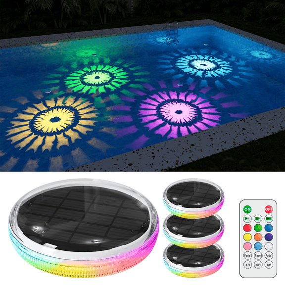 Yinghap 4 pack RGB Solar Floating Pool Lights with Remote Waterproof for Underwater Vibrant Pattern Lighting, Auto-on Disco Glow in Pool Party, Garden Pond
