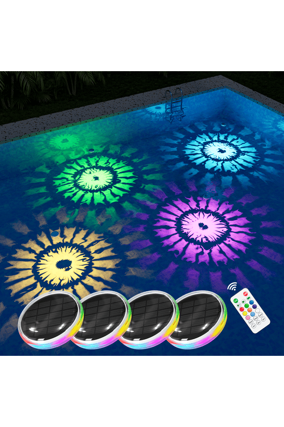 Yinghap 4 pack RGB Solar Floating Pool Lights with Remote Waterproof for Underwater Vibrant Pattern Lighting, Auto-on Disco Glow in Pool Party, Garden Pond