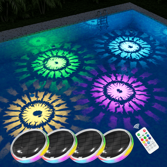 Yinghap 4 pack RGB Solar Floating Pool Lights with Remote Waterproof for Underwater Vibrant Pattern Lighting, Auto-on Disco Glow in Pool Party, Garden Pond