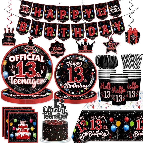 Yingoto 166pcs 13th Birthday Decorations for Boys Tableware 25 Serves Disposable 13th Birthday Plates and Napkins with Cake Topper, Banner, Tablecloth, for Teen Boy Birthday Decorations Y114