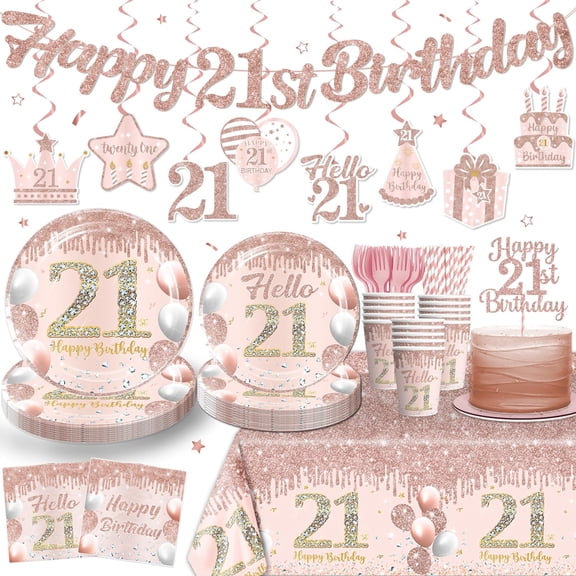 Yingoto 170pcs 21st Birthday Decorations, Affordable Disposable 300gsm Paper Plates and Eco-friendly Paper Straws for Girl's 21, 21st Birthday Plates and Napkins for 25 People Y114