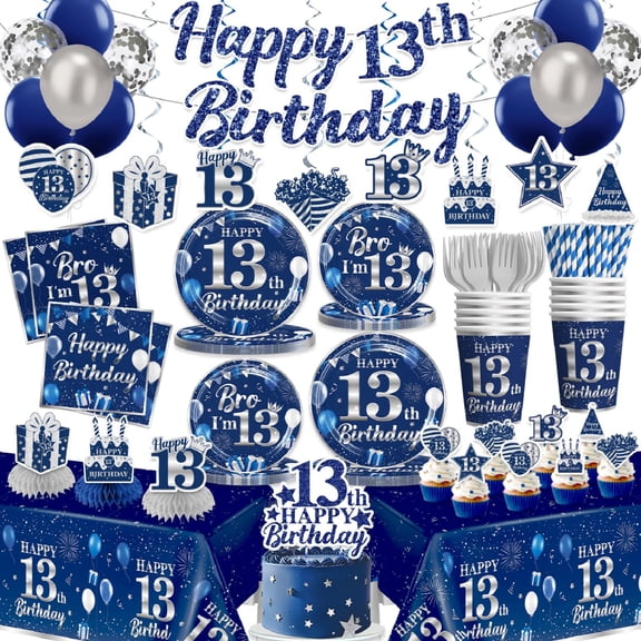 Yingoto 206Pcs 13th Birthday Decorations for Boys, 13 Birthday Boy Tableware Set with Plates and Napkins Serves 25, Tablecloths and Balloons for Teenager Birthday Decorations 13th Y101