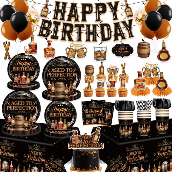 Yingoto Aged to Perfection Birthday Decorations for Men - 207PCS Whiskey Birthday Decorations Set with Plates, Napkins, Cups, 2 Tablecloths, Balloons, Banner & Cupcake Toppers, Serves 25 Guests Y102