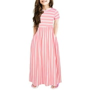 Yinguo Girls Striped Print Dresses Short Sleeve Scoop Neck Waist Ruched Dress Girls Dress&Skirt Size 8