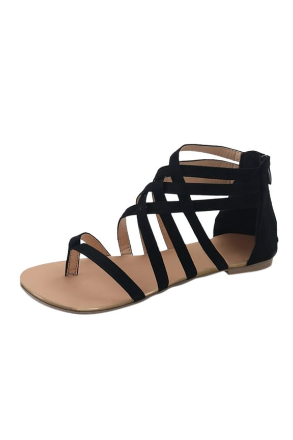 Gladiator Flat Sandals for Women Casual Summer Comfortable Strappy Thong Flip Flops Shoes Open Toe Breathable Sandals Shoes with Back Zipper Black Size 9.5-10