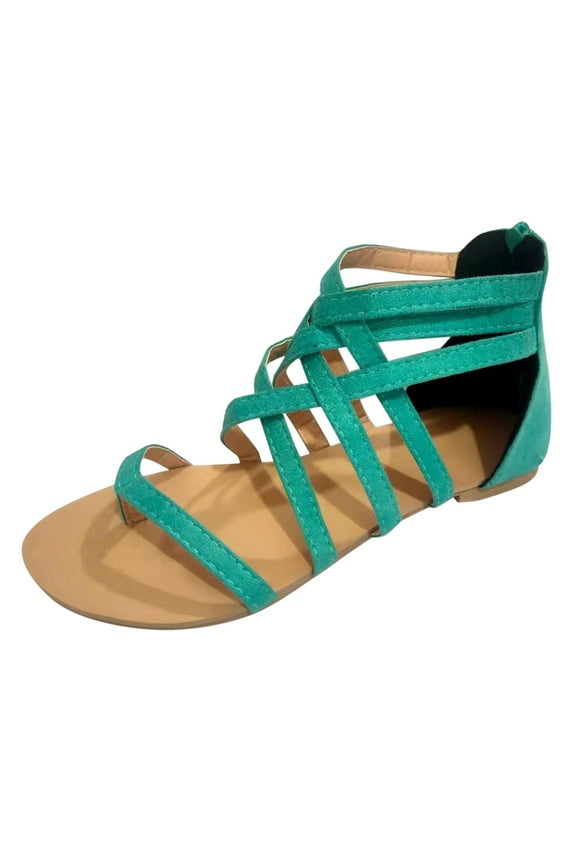 Gladiator Flat Sandals for Women Casual Summer Comfortable Strappy Thong Flip Flops Shoes Open Toe Breathable Sandals Shoes with Back Zipper Green Size 9.5-10