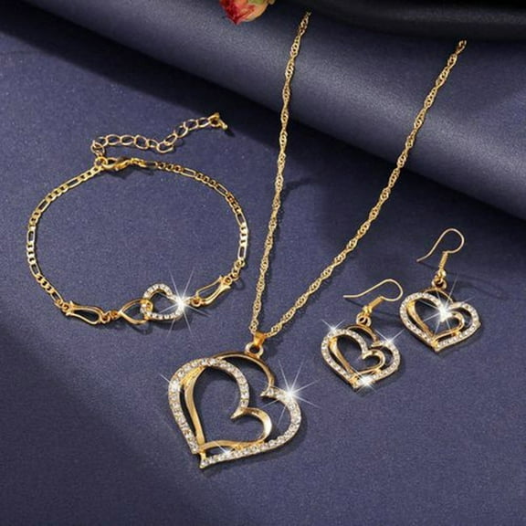 Yinguo Gold Diamond Double Love Pendant Necklace Earrings Bracelet Sweet And Ladies Wedding Jewelry Set