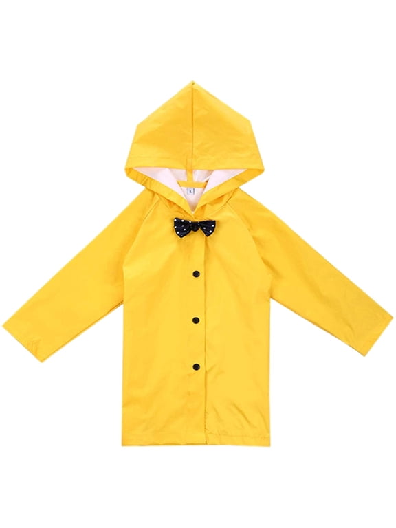 Kids Hooded Button Down Long Jacket Bow Rainwear Lightweight Raincoat Yellow M