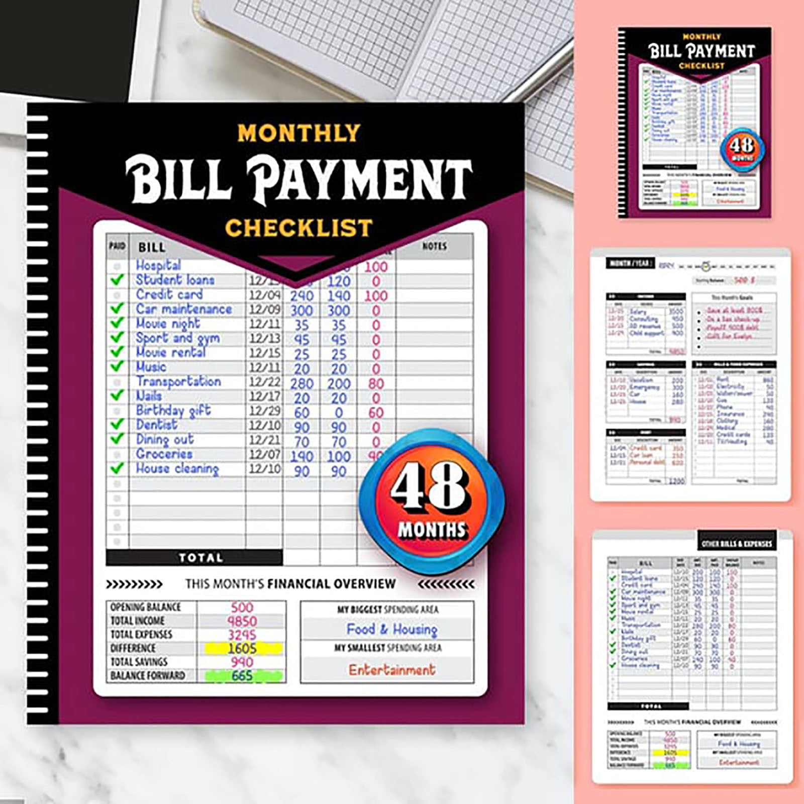 Yinguo Monthly Bill Payment Checklist 4-Year Bill Tracker Notebook with 960 Billing Records
