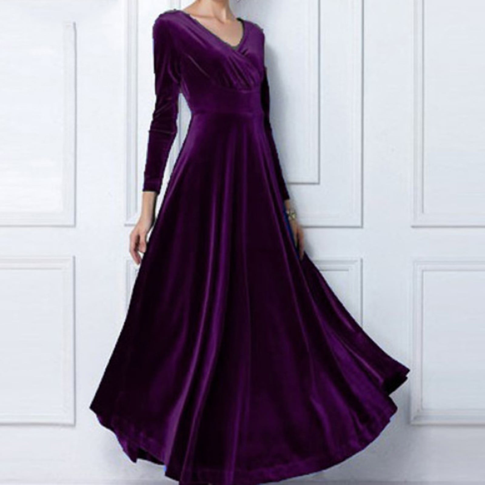 Yinguo Women Long Sleeve V-Neck Velvet Stretchy Long Dress Purple XL ...