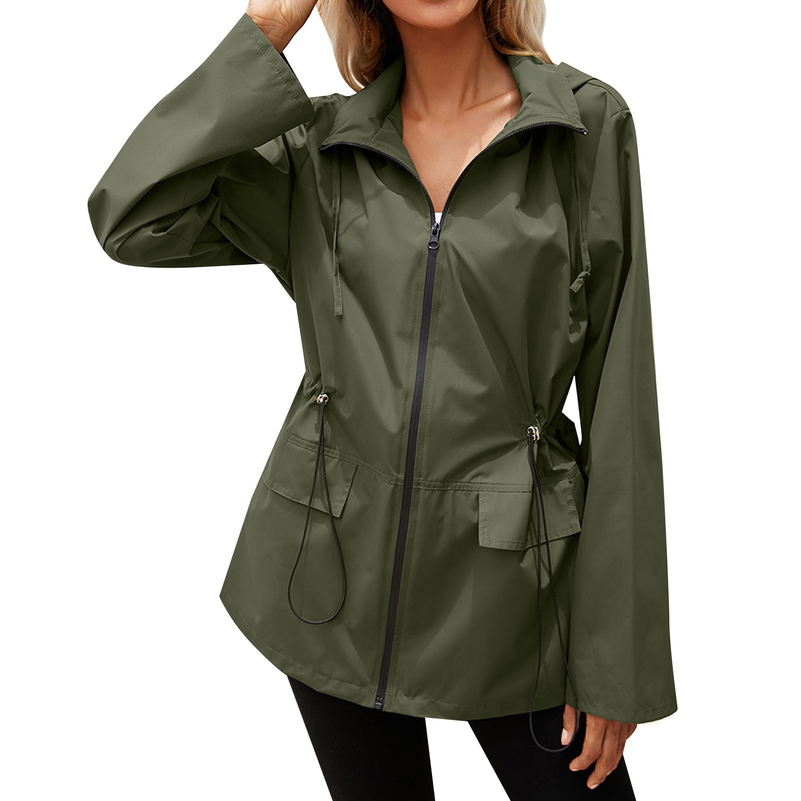 Yinguo Women's Hooded Zipper Waist Raincoat Outdoor Sports Windbreaker Hiking Jacket Jacket Top