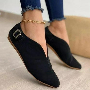 TANGNADE Womens Pointed Toe Suede Flock Casual Summer Flats Buckle ...