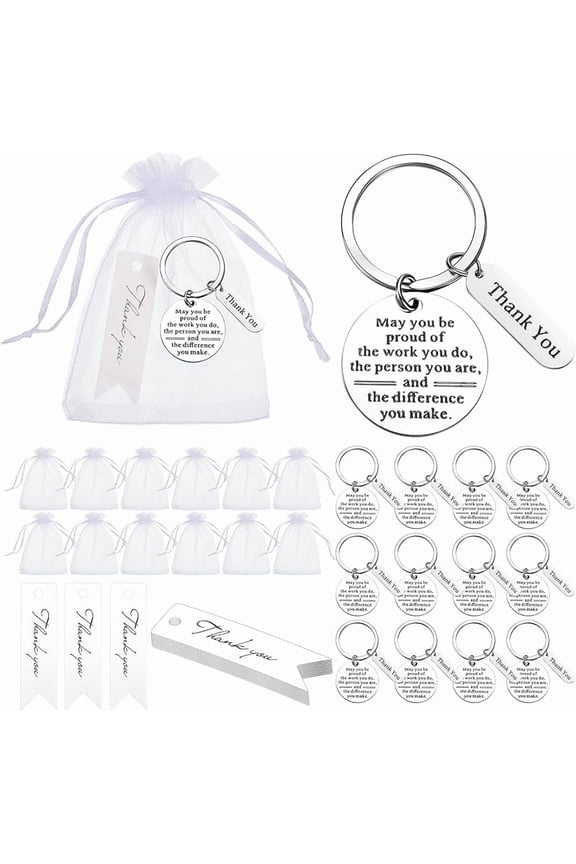 Yinkin 36 Pcs Employee Appreciation Gifts Bulk for Coworkers Keychains Organza Bags with Cards for Staff Christmas Favors(Silver)