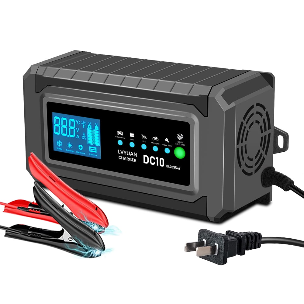 Adnoom Fully Automotive Smart Battery Chargers Car Battery Charger 70W  6V/12V Battery Maintainer IP65 Waterproof with LCD Digital Display for Car