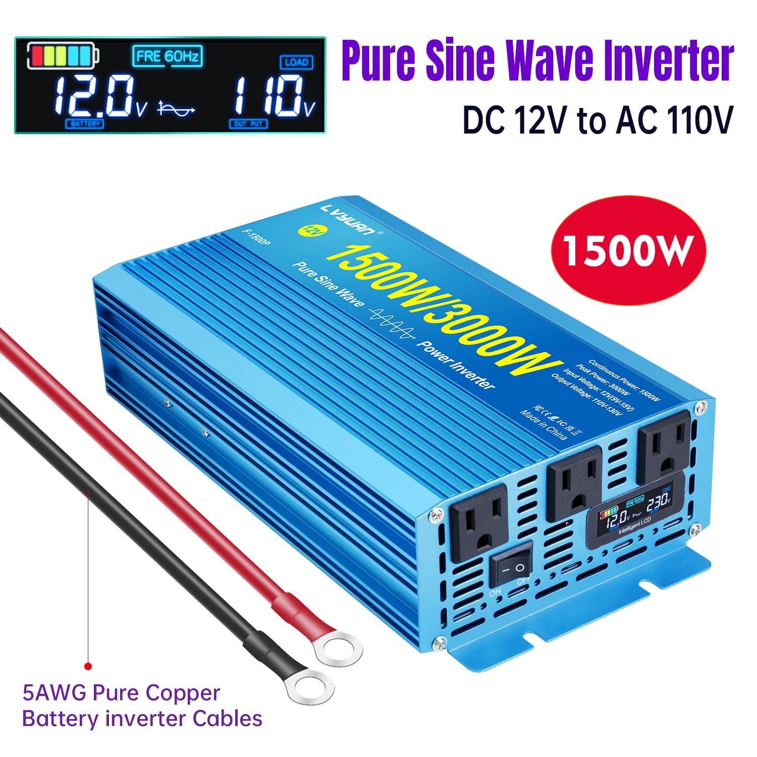 Yinleader 1500W 3000W Pure Sine Wave Power Inverter 12V to 110V/120V DC to AC Battery Converter Charger Adapter LCD Display for Car