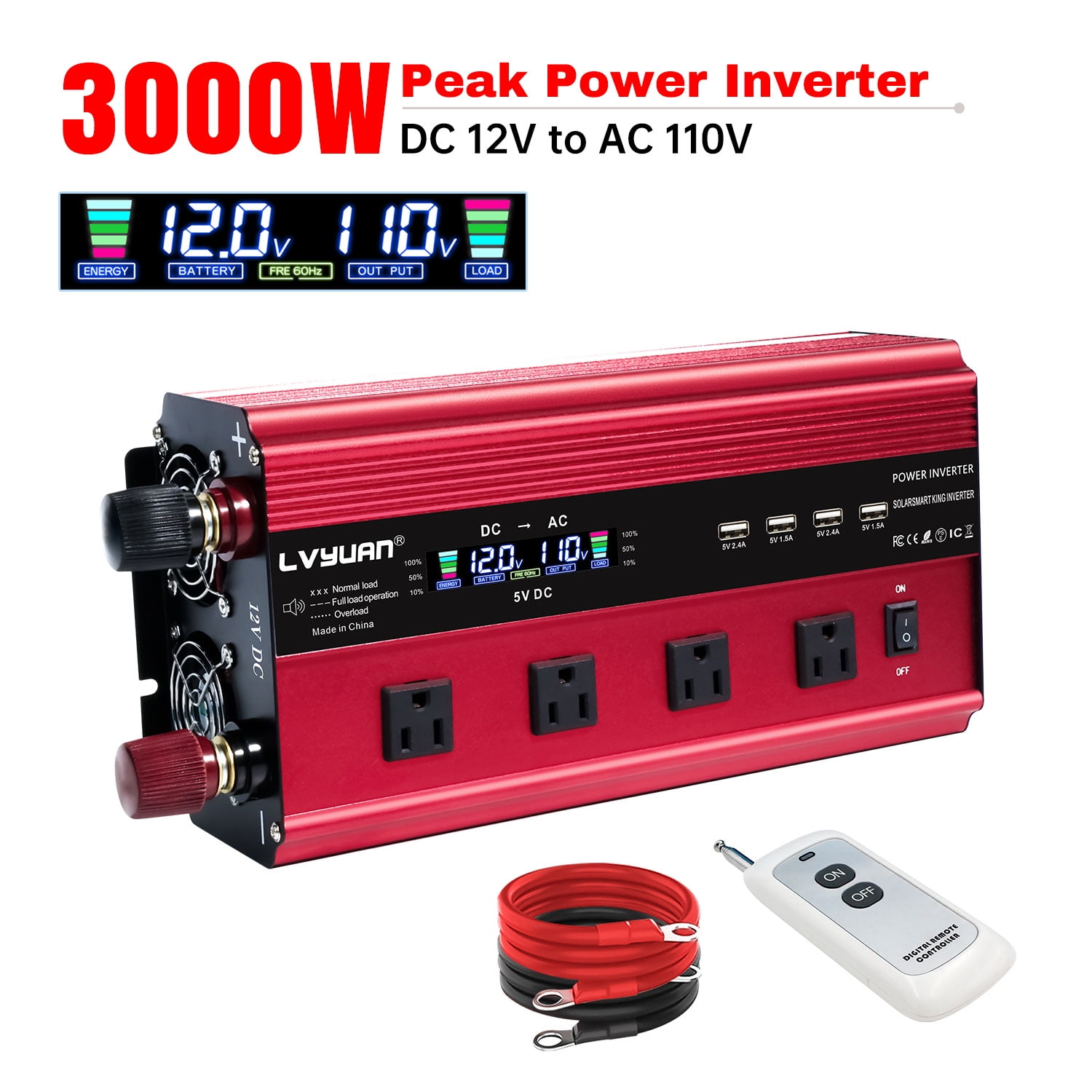 Reiner Sinus Wechselrichter 2000W 12V/230V - Mit LCD, USB-C & Zigarettenanzünder Für Auto & Camping 12V Auf 230V Spannungswandler