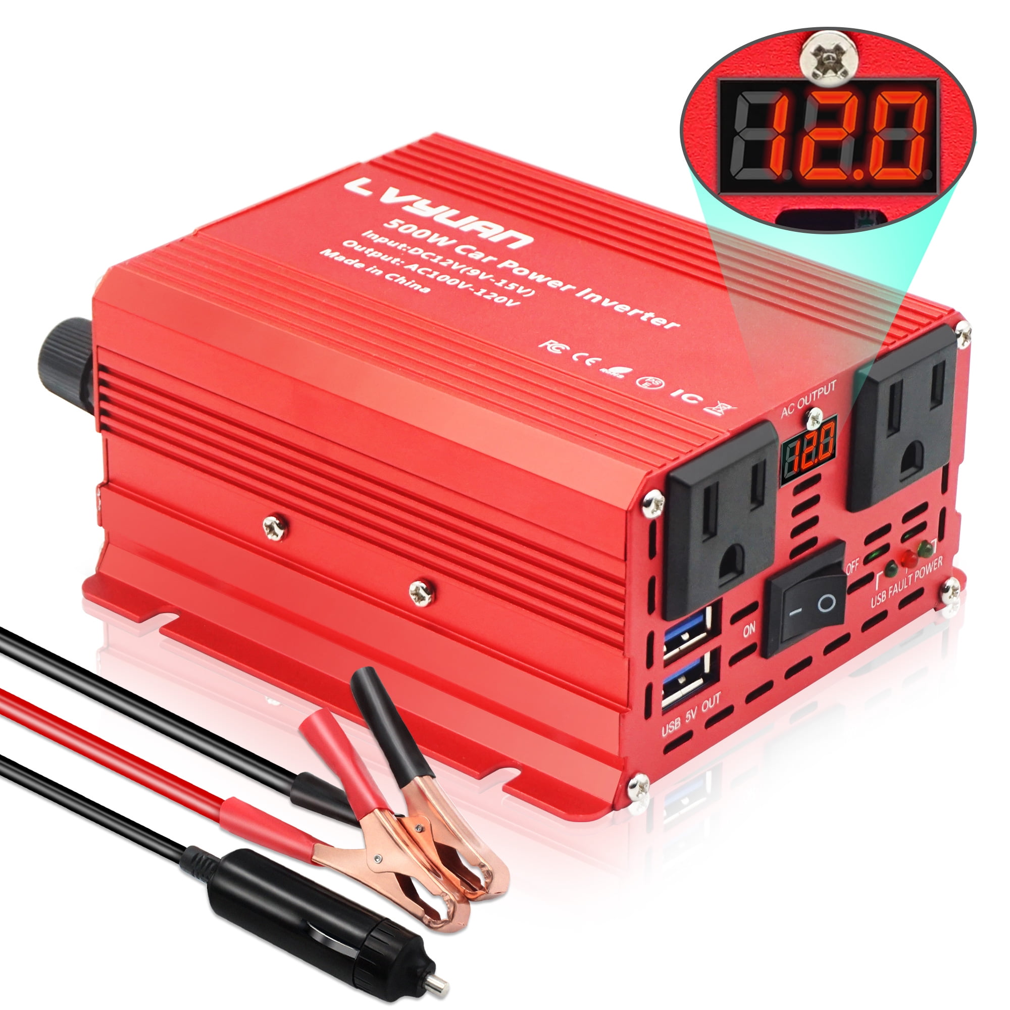 Yinleader Car 500W Power Inverter Converter 12V to 110V with 2 US