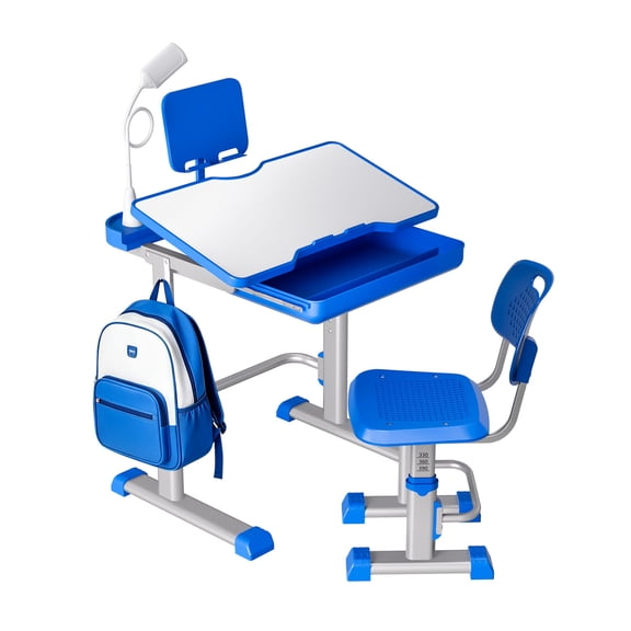 LVYUAN Kids Study Desk and Chair Set Height Adjustable Children School Study Drawing Desk Chair with LED Lamp, Tilt Desktop, Storage Drawer, Book Stand Blue