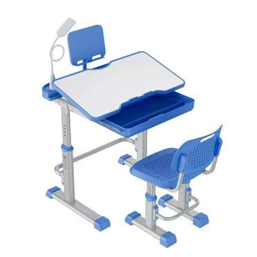 Yinleader Kids Study Desk and Chair Set Height Adjustable Children School Study Drawing Desk Chair with LED Lamp, Tilt Desktop, Storage Drawer, Book Stand Blue