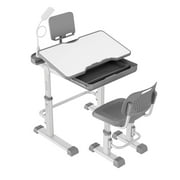 LVYUAN Kids Study Desk and Chair Set Height Adjustable Children School Study Drawing Desk Chair with LED Lamp, Tilt Desktop, Storage Drawer, Book Stand Grey