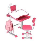 LVYUAN Kids Study Desk and Chair Set Height Adjustable Children School Study Drawing Desk Chair with LED Lamp, Tilt Desktop, Storage Drawer, Book Stand Pink