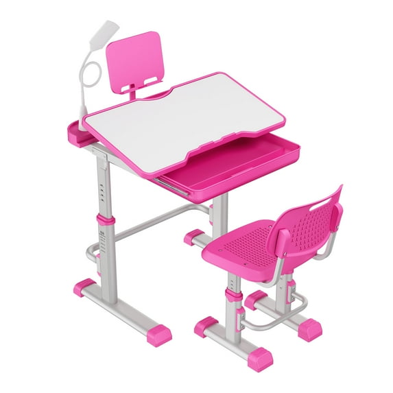 Yinleader Kids Study Desk and Chair Set Height Adjustable Children School Study Drawing Desk Chair with LED Lamp, Tilt Desktop, Storage Drawer, Book Stand Pink
