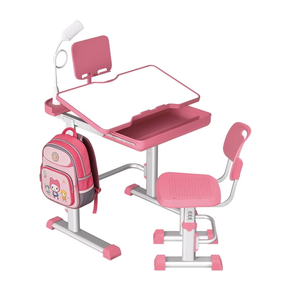 LVYUAN Kids Study Desk and Chair Set Height Adjustable Children School Study Drawing Desk Chair with LED Lamp, Tilt Desktop, Storage Drawer, Book Stand Pink