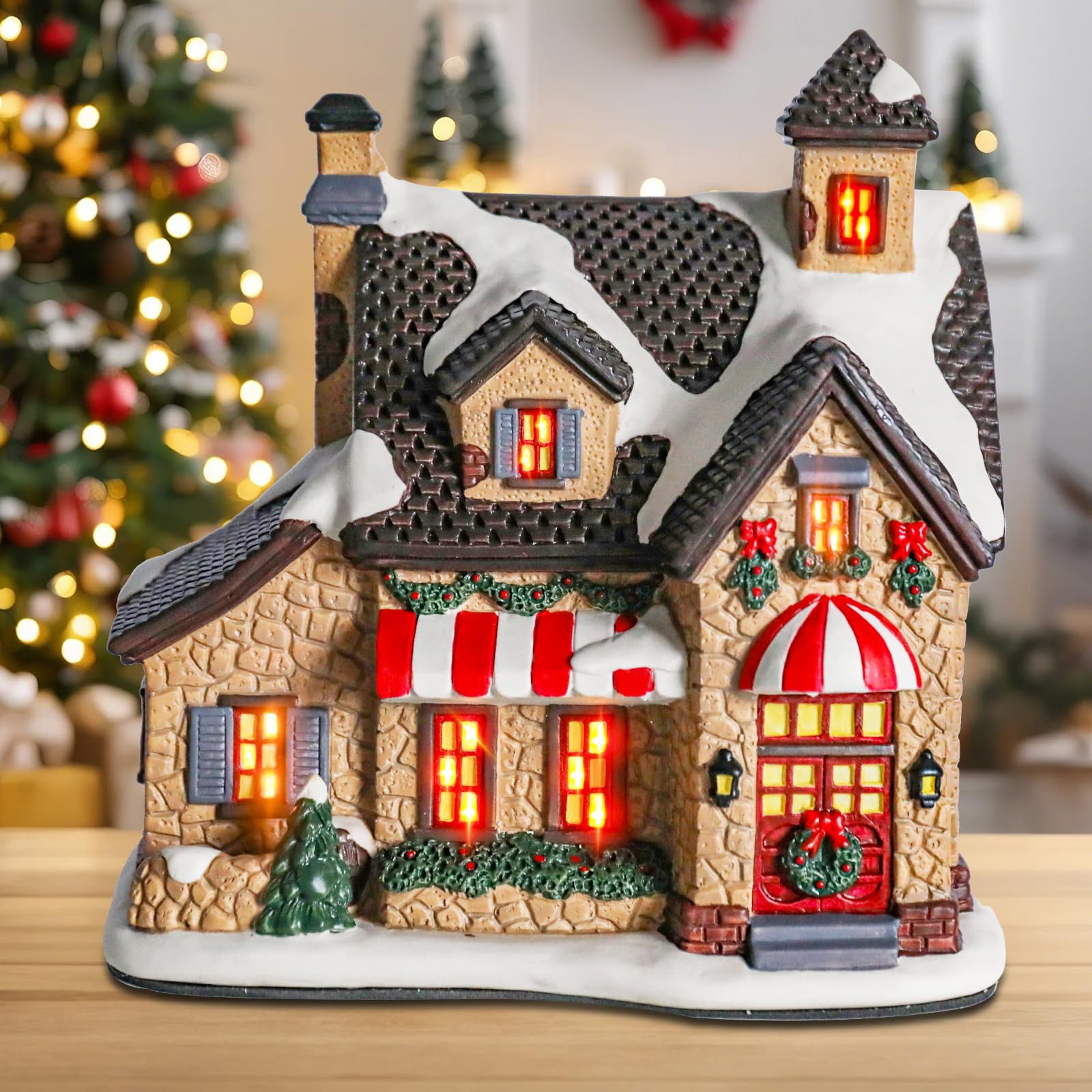 Yinns Ceramic Christmas Houses, Xmas Village Houses with Warm LED Light