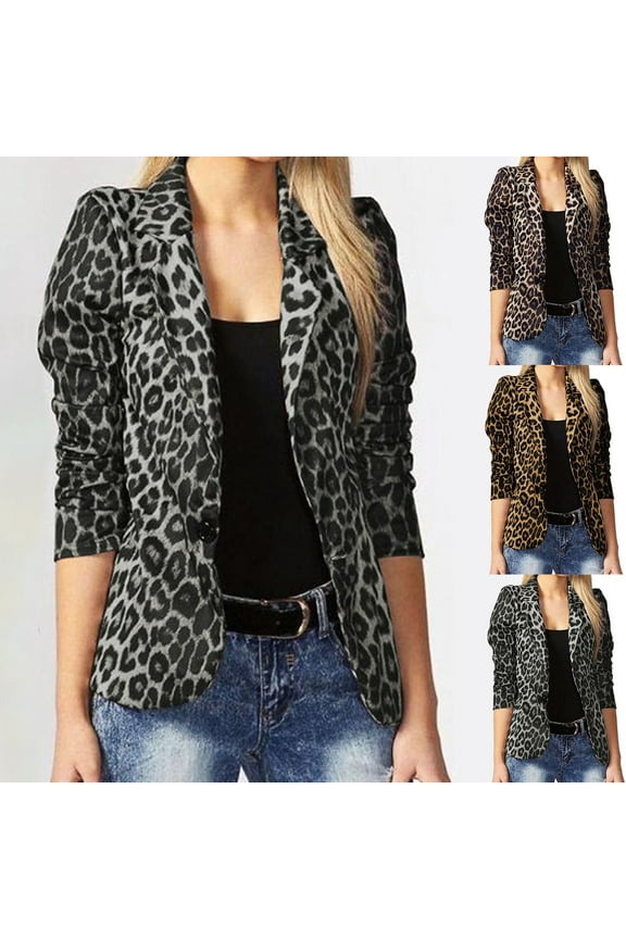 Lady Blazer Leopard Print Turn-down Collar Single-breasted Slim Suit Coat for Work