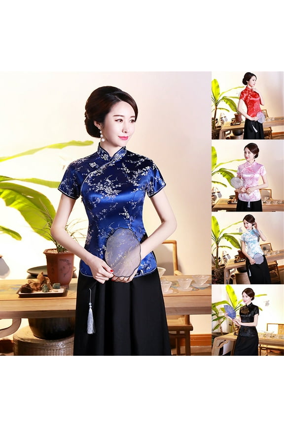 Women Cheongsam Shirt Chinese Style Plum Print Summer Autumn Exquisite Buckles Stand Collar Cheongsam Top for Wedding