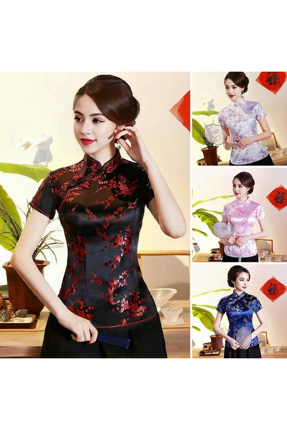 Women Retro Qipao Tops Stand Collar Short Sleeve Floral Print Traditional Chinese Tops New Year Cheongsam Tops Women Clothes