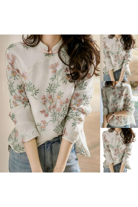 Women Shirt Chinese Style Embroidery Elegant Long Sleeve Cheongsam Shirt for Daily Wear