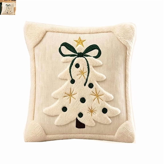 Yintiny Christmas Tree Throw Pillow, 3D Quilted Embroidery Square Cushion, Plush Fuzzy Edge Trim, Bow and Gold Star, For Couch and Bed Decor