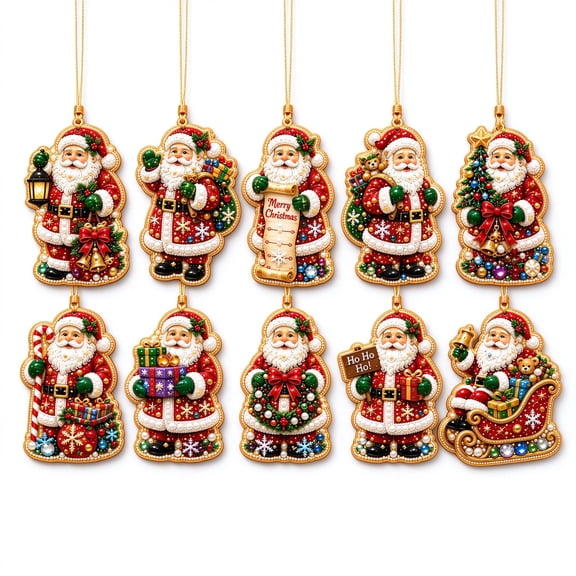 Yintiny Multicolor Wooden Santa Hanging Ornaments Set of 10, Christmas Tree Decorations with Classic Santa Designs, Rustic Holiday Home Decor