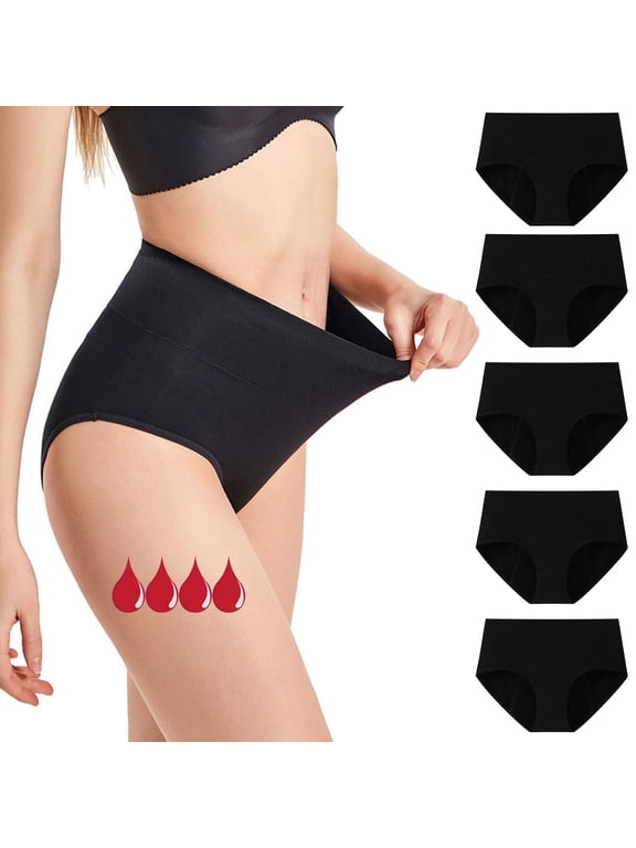 Womens Period Panties Cotton Mid Waist Briefs, 5 Pack, Size XS-3XL(4 Layers)
