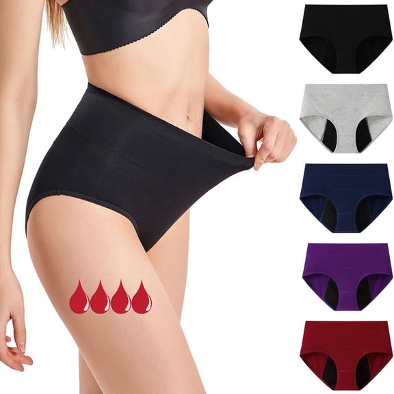 Yintry Womens Period Panties Cotton Mid Waist Briefs, 5 Pack, Size XS-3XL(4 Layers)