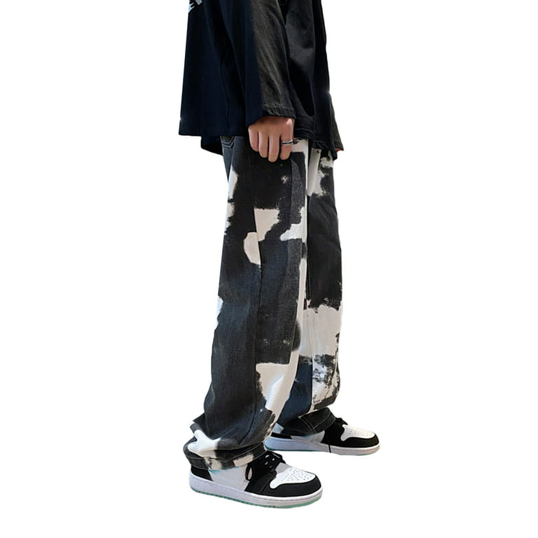 Yinyinxull Men's Tie-Dyed Baggy Jeans Y2K Wide Leg Loose Denim Pants Hip Hop Cargo Trousers Camo Streetwear Black 2XL