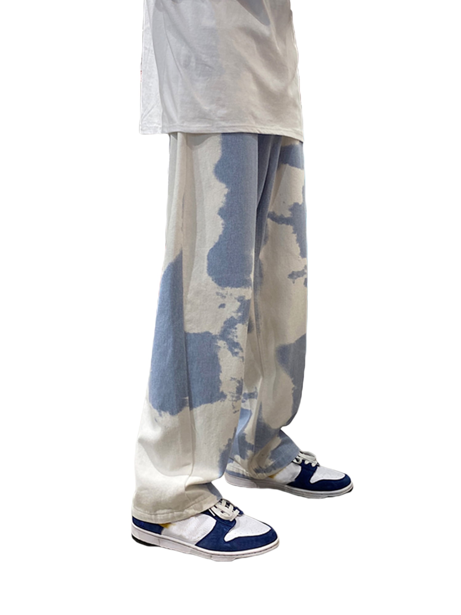 Yinyinxull Men's Tie-Dyed Baggy Jeans Y2K Wide Leg Loose Denim Pants Hip Hop Cargo Trousers Camo Streetwear Light Blue S, Size: Small