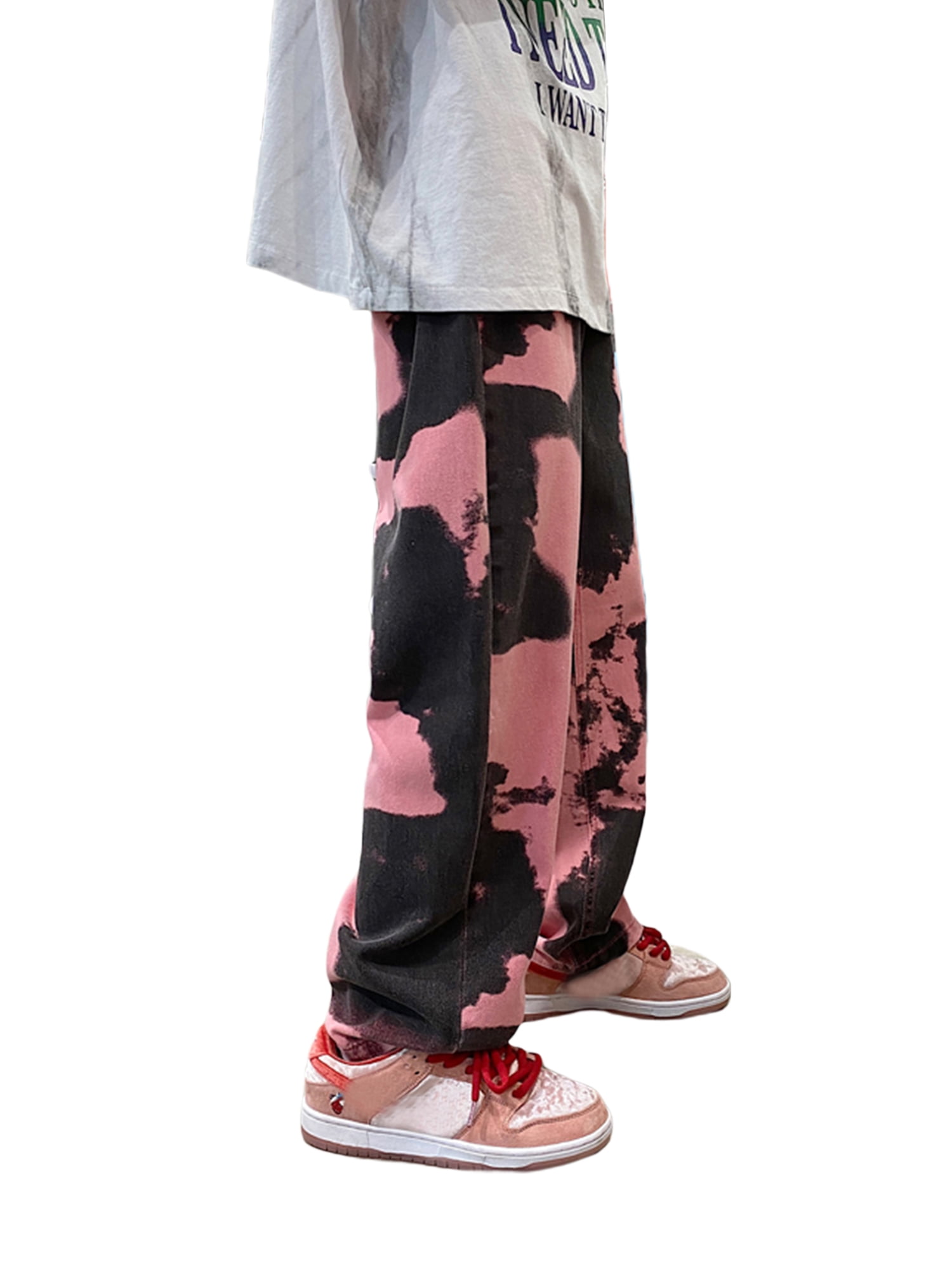 Yinyinxull Men's Tie-Dyed Baggy Jeans Y2K Wide Leg Loose Denim Pants Hip  Hop Cargo Trousers Camo Streetwear Pink M