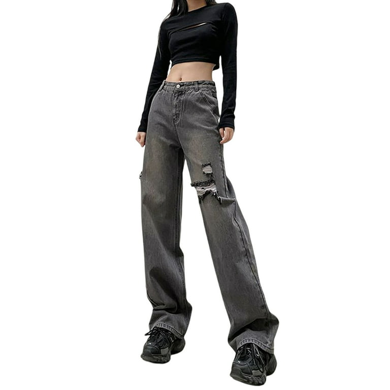 Yinyinxull Women Y2K Baggy Hole Ripped Jeans Korean Style High Waist Wide  Leg Denim Pants Black L