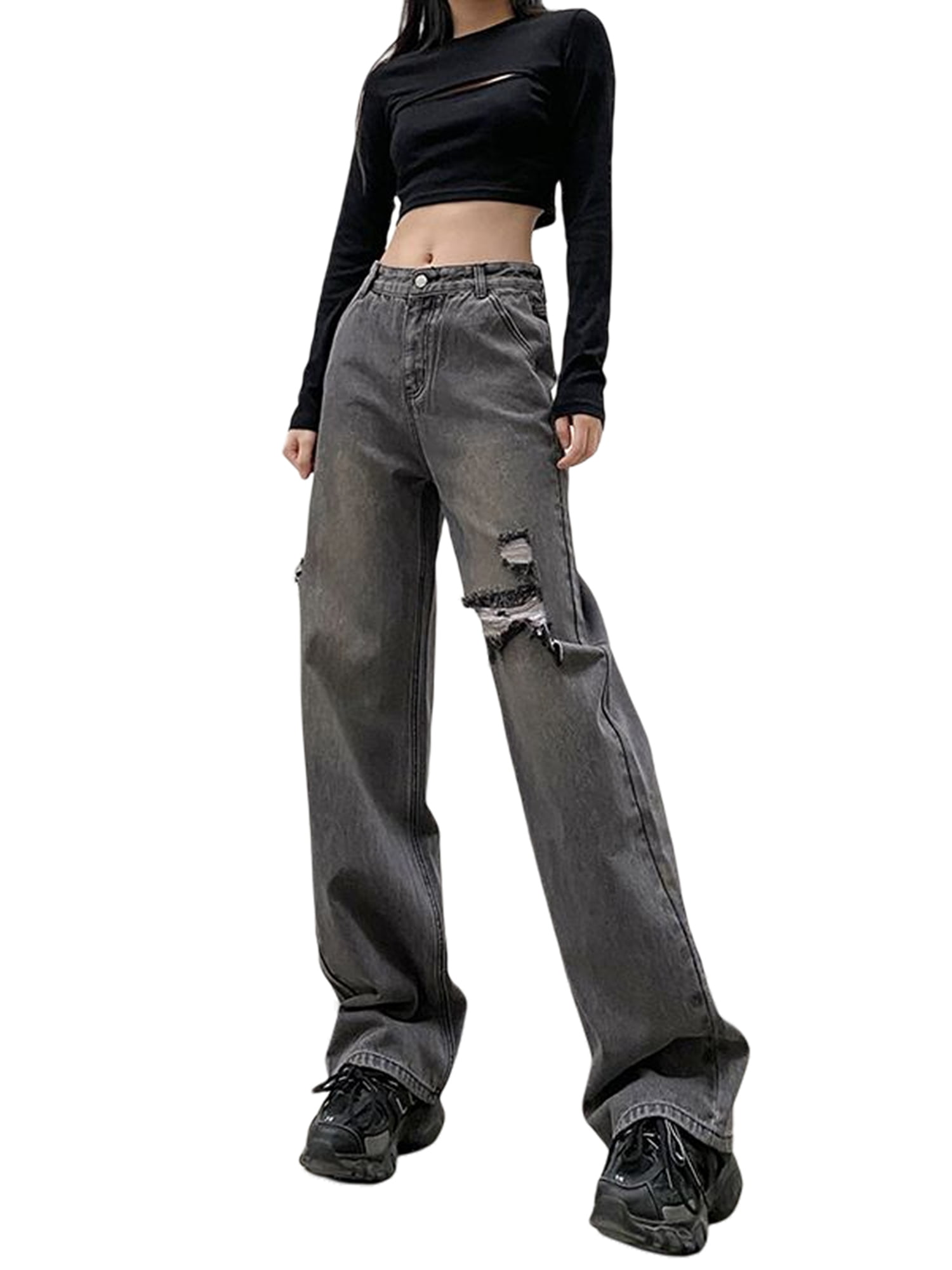 Yinyinxull Women Y2K Baggy Hole Ripped Jeans Korean Style High Waist Wide  Leg Denim Pants Black XL 